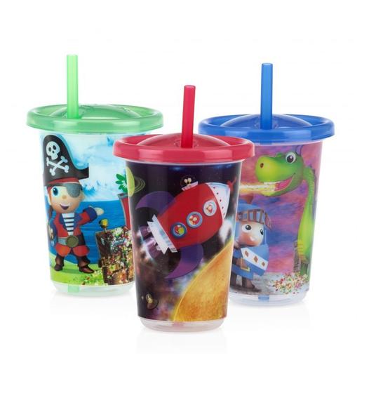 Imagem de Kit 3 Copos Decorados Com Canudo 300ml +12m Menino Menina Nuby