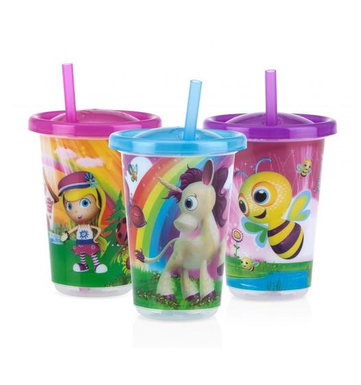 Imagem de Kit 3 Copos Decorados Com Canudo 300ml +12m Menino Menina Nuby