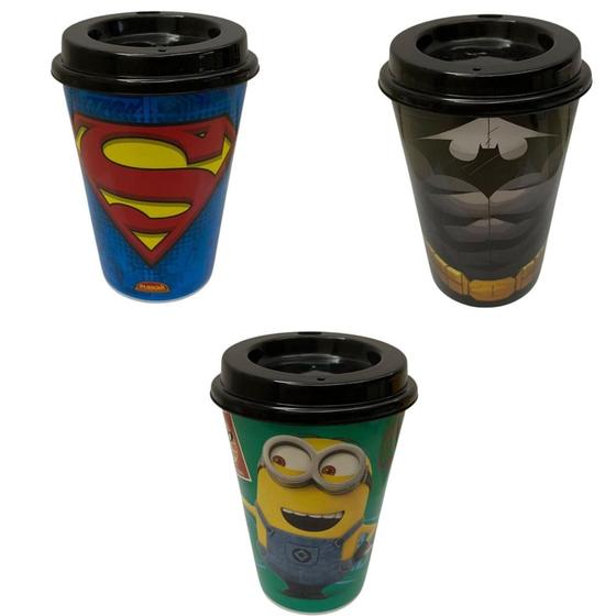 Imagem de Kit 3 Copos Para Cafe 320 Ml Tampa, Batman, Superman, Minion