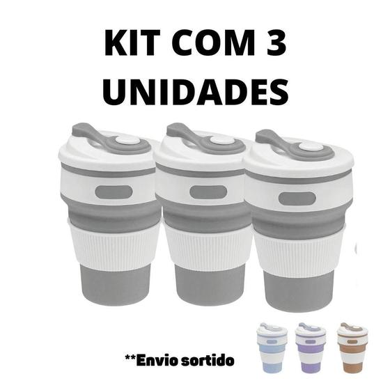 Imagem de Kit 3 Copos Silicone Retrátil Dobrável Tampa Reutilizável