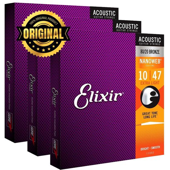 Imagem de Kit 3 Cordas Elixir .010 Extra Light Bronze 80/20 para Violão Aço Nanoweb - 11002