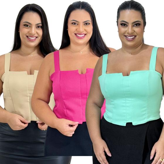 Imagem de Kit 3 Cropped Top Plus Size Alfaiataria Luxo Com Detalhe Lastex Moda Feminina G1 G2 G3