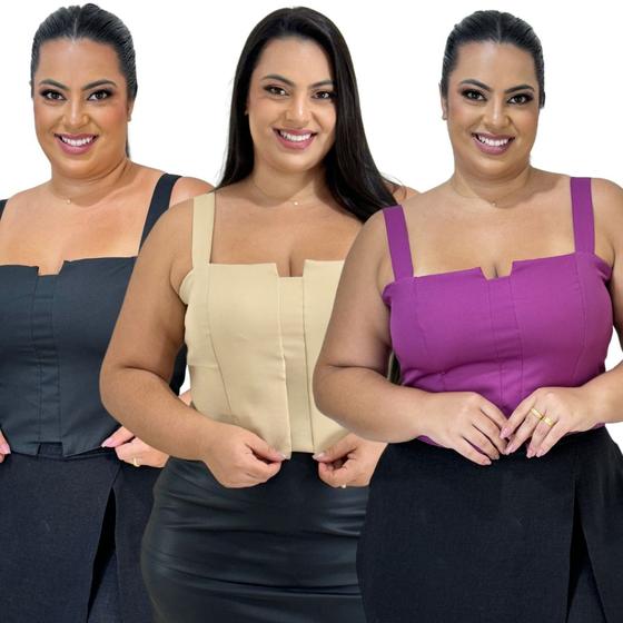 Imagem de Kit 3 Cropped Top Plus Size Alfaiataria Luxo Com Detalhe Lastex Moda Feminina G1 G2 G3