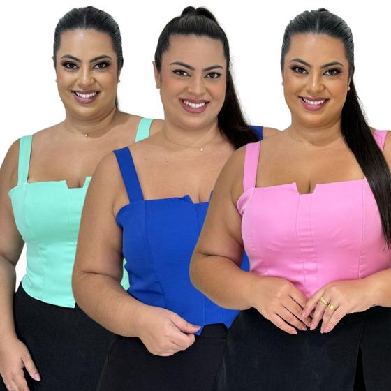 Imagem de Kit 3 Cropped Top Plus Size Alfaiataria Luxo Com Detalhe Lastex Moda Feminina G1 G2 G3