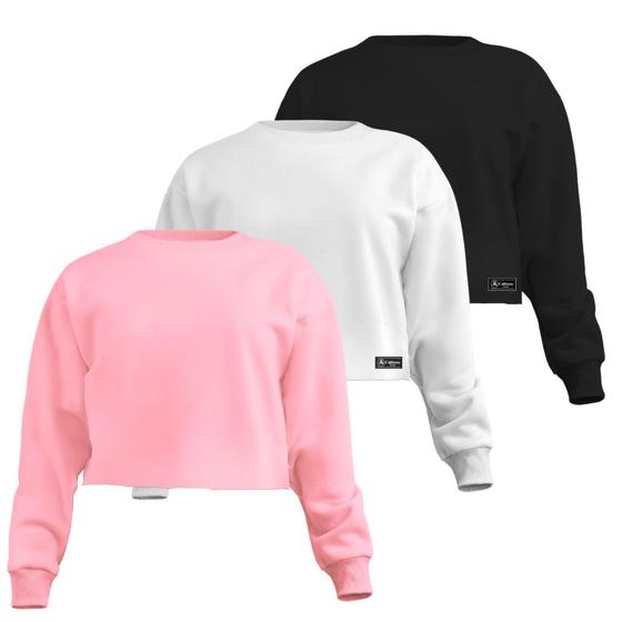 Kit 3 Croppeds Moletom Feminino Liso Básico com Cintura Descosturada - Calttony Imagem de Kit 3 Croppeds Moletom Feminino Liso Básico com Cintura Descosturada
