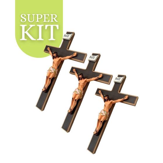 Imagem de Kit 3 Cruz Crucifixo de Madeira 31cm Atacado Revenda