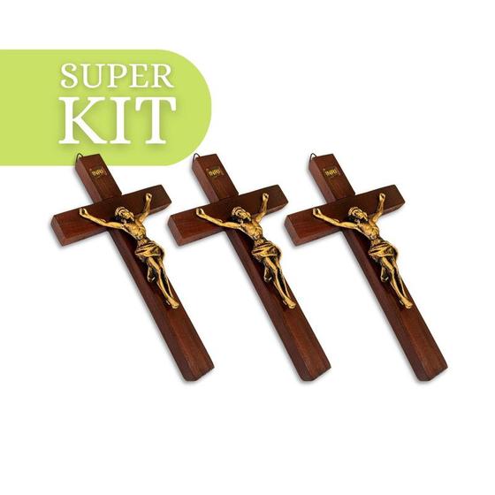 Imagem de Kit 3 Cruz Crucifixo Parede Madeira 15,5cm Atacado Revenda