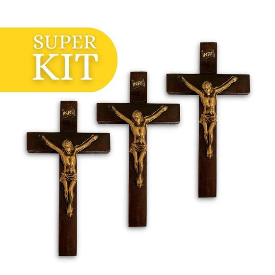 Imagem de Kit 3 Cruz Crucifixo Parede Madeira 18cm Atacado Revenda