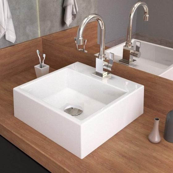Imagem de Kit 3 Cubas Q355 com Torneira Luxo 1195 Metal Válvula Click 1 Polegada G Sifão Pvc Flexível Compace Branco
