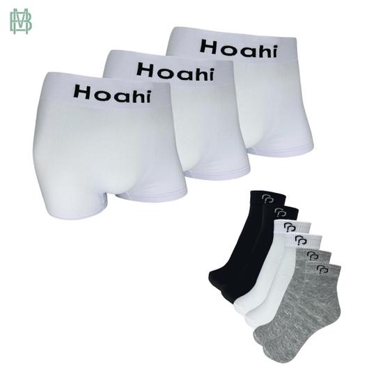 Imagem de Kit 3 Cueca Boxer Branca Hoahi Premium + 3 Meia RP Confort