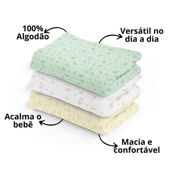 Imagem de Kit 3 cueiro manta estampado aconchego bebe protegido papi