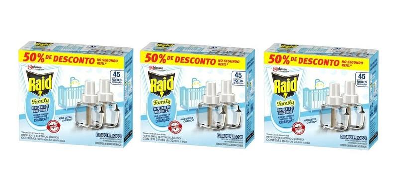 Kit 3 Cx 6 Refil Repelente de Mosquitos Raid Family 32,9ml Menor preço em Kit 3 Cx 6 Refil Repelente de Mosquitos Raid Family 32,9ml