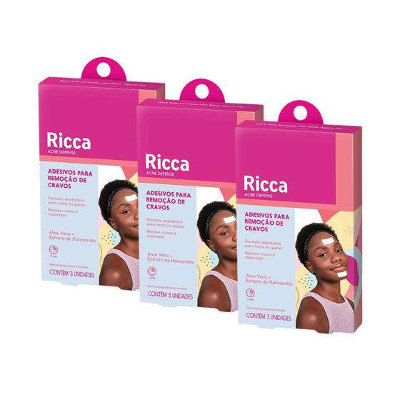 Imagem de Kit 3 Cx Adesivos para Remoção de Cravos Testa Queixo Acne Defense Ricca c/ 3un cada