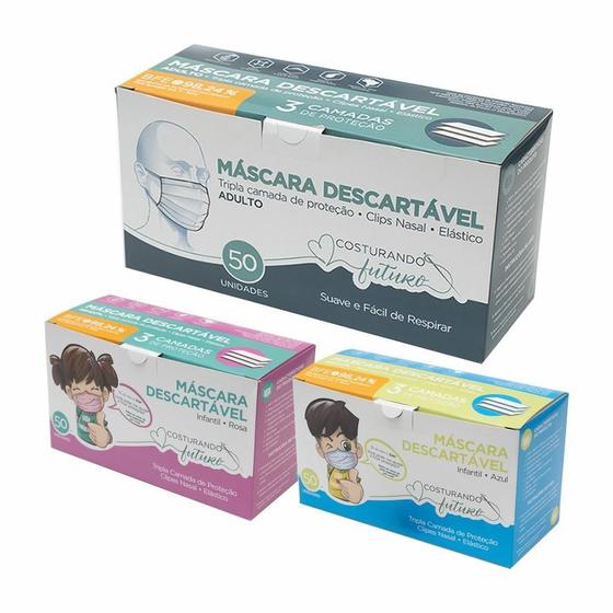 Kit 3 Cx Máscara Descartável (1 Adulto, 2 Infantis) Paadmed Berry