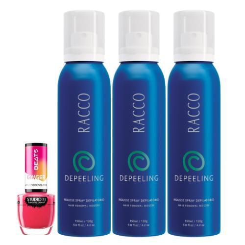 Imagem de Kit 3 Depeeling Racco Mousse Spray de Depilar 150mL Cada Frasco +Esmalte 9mL Studio 35