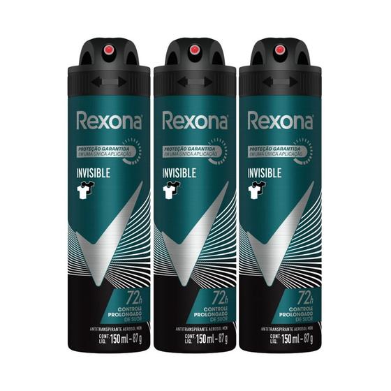 Imagem de Kit 3 Desodorante Rexona Invisible Masculino Aerosol Antitranspirante 72 horas 150ml