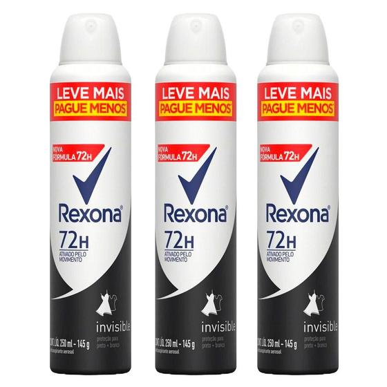 Imagem de Kit 3 Desodorantes Antitranspirante Aerosol Feminino Rexona Invisible 72 horas 250ml