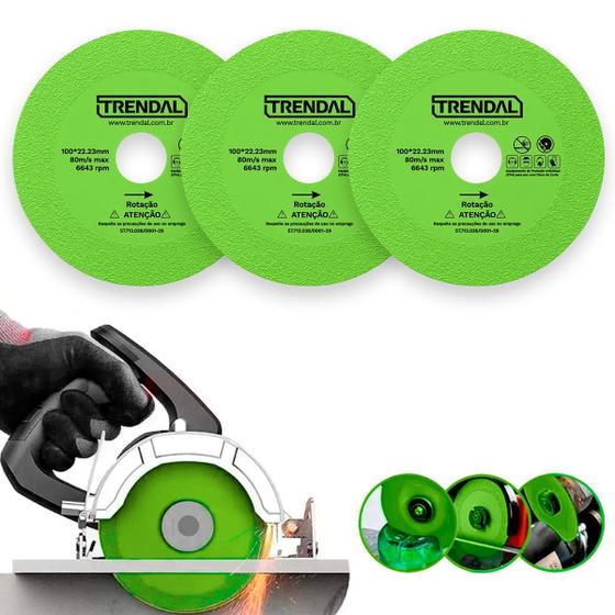 Imagem de Kit 3 Discos De Corte De Vidro Espelho E Porcelanato Lâmina Ultra Fina 100mmX22mm Serra Mármore Esmerilhadeira Cor Verde