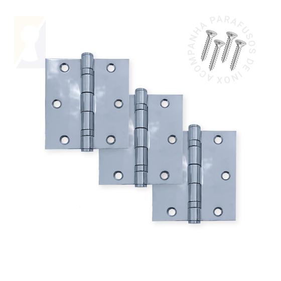 Imagem de Kit 3 Dobradiças Polida C/Reto Inox Com Rolamento