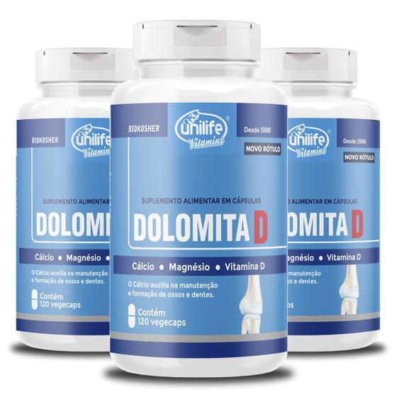 Imagem de Kit 3 Dolomita com Vitamina D Unilife 120 cápsulas