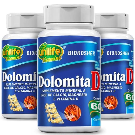 Imagem de KIT 3 DOLOMITA D Cálcio Magnésio Vit D 60 Cáps 950mg UNILIFE