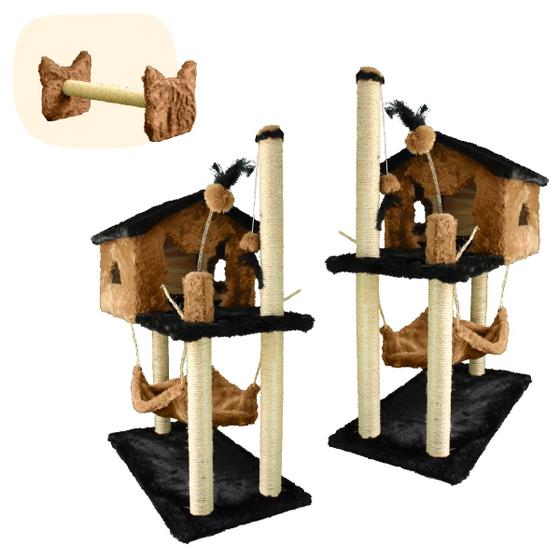 Imagem de KIT 3 Em 1 - Arranhador Para Gatos Sisal 2 Casa Com Rede Brinquedos + Cara de Gato Brinquedo Para Pets Felinos - MIU