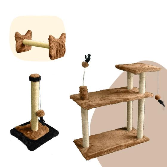 Imagem de KIT 3 em 1 - Arranhador Sisal 3 bases com brinquedos, Poste 50cm e Cara de Gato - MIU