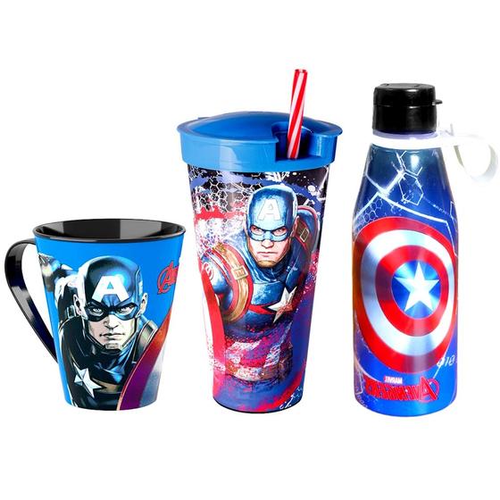 Imagem de Kit 3 em 1 Capitão América Copo e Caneca e Garrafa Original