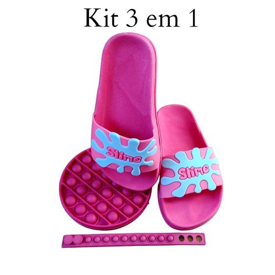 Imagem de Kit 3 em 1 - Chinelo Sandália Slime Infantil + Brinquedo POP IT + Pulseira - Rosa