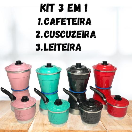 Imagem de Kit 3 em 1 Multiuso Cafeteira Econômica 1L Italiana em Alumínio 6 8 10 Xícaras + Cuscuzeiro Individual Porção Unica + Fervedor