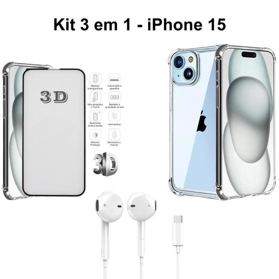 Imagem de Kit 3 em 1 para Iphone 15  Capa Transparente + Película 3D de Vidro + Fone de Ouvido Com Fio