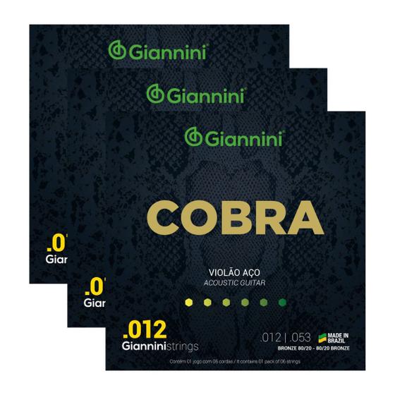 Imagem de Kit 3 Encordoamento Violão Giannini Aço Cobra Bronze CA82L 80/20 0.012"