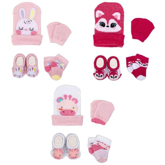 Imagem de Kit 3 Enxoval Touca Luva Meia e Pantufa Bebê Recém Nascido Menina