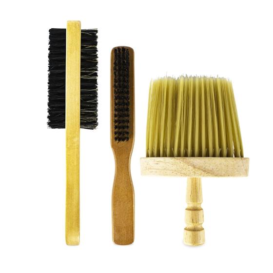 Kit 3 Escovas Barbeiro Madeira Disfarce Dupla Face Espanador - Barber Pro Imagem de Kit 3 Escovas Barbeiro Madeira Disfarce Dupla Face Espanador