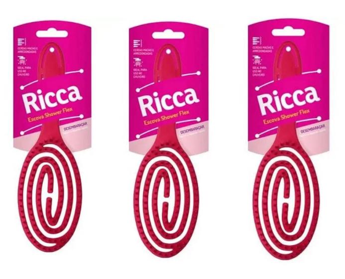 Imagem de Kit 3 Escovas de Cabelo Ricca Shower Flex Rosa - 453