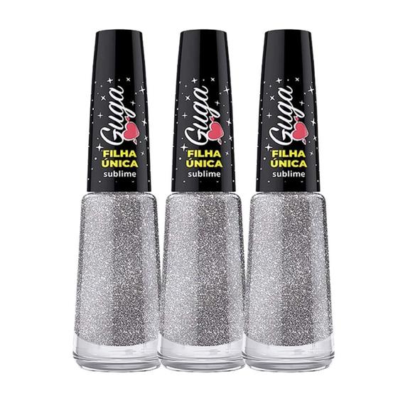 Imagem de Kit 3 Esmalte para Unhas Sublime Cor Prata com Glitter Filha Única 702 8ml Guga