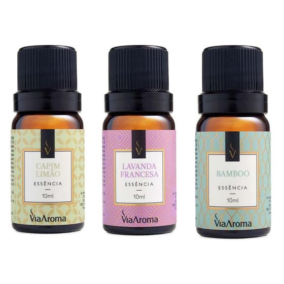 Imagem de Kit 3 Essências Via Aroma De Aromatizador Aromaterapia 10ml - Lavanda Francesa, Bamboo e Capim Limão