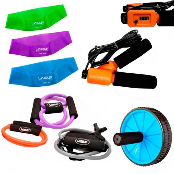 Kit 3 Extensores Tensao Media + Corda de Pular + 3 Mini Bands + Roda Abdominal Liveup Sports Menor preço em Kit 3 Extensores Tensao Media + Corda de Pular + 3 Mini Bands + Roda Abdominal Liveup Sports