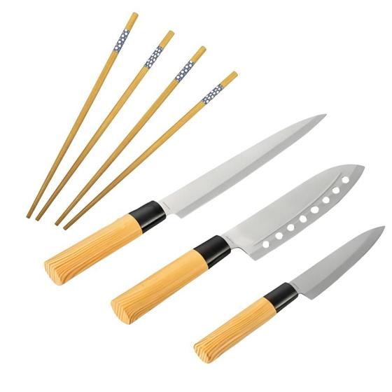 Imagem de Kit 3 Faca Asia Japonesa Aço Inox Sashimi Peixes C/ 10 Hashi