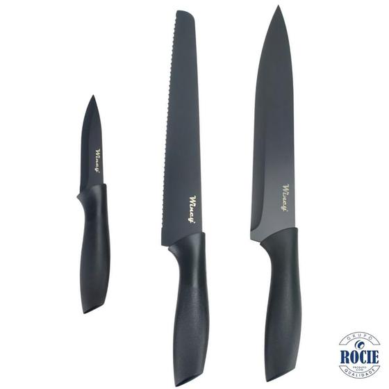 Imagem de Kit 3 Facas Coloridas Conjunto Em Aço Inox Cabo De Plástico Cortes Carnes Pães Legumes Frutas Wincy