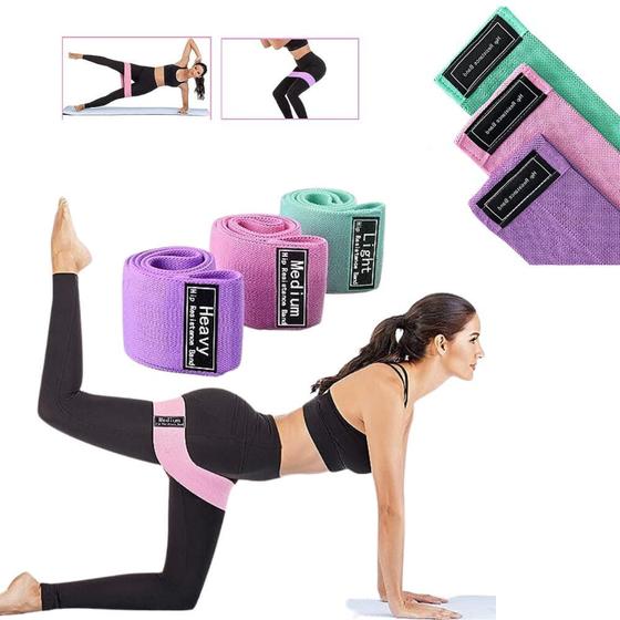 Imagem de Kit 3 Faixas Elásticas Mini Band para Exercícios Em Casa Fisioterapia Treino Pilates Ginástica Agachamento