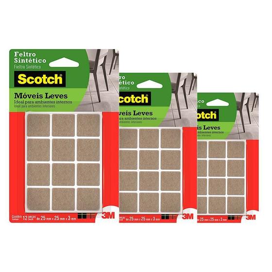 Imagem de Kit 3 Feltro Adesivo Cadeira Sofá Quadrado Scotch 3M 25Mm 12U Marrom