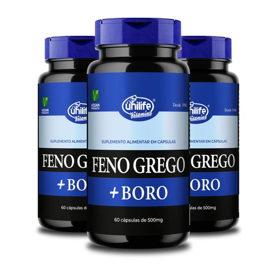 Kit 3 Feno Grego + Boro B Unilife 60 Cápsulas 500mg Vegano Menor preço em Kit 3 Feno Grego + Boro B Unilife 60 Cápsulas 500mg Vegano