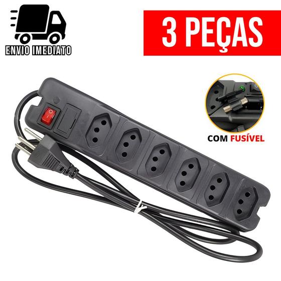 Imagem de Kit 3 Filtro de Linha Régua de Tomada com Fusível Extensão Elétrica Bivolt  6 Tomadas Tripolar