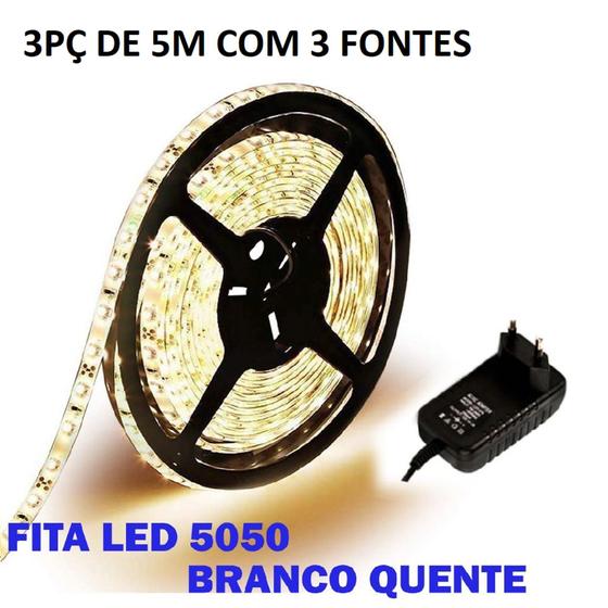 Imagem de Kit 3 Fita Led 5050 Branco Quente 3000k Luz Amarela Bivolt Com Fonte