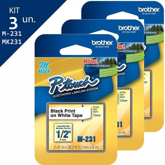 Kit 3 Fita Rotulador Brother M231 12mm Preto/branco Original - Fita ...