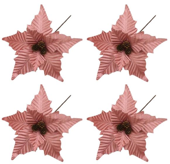 Imagem de Kit 3 Flores Pick Natal Bico de Papagaio Veludo Rosê com Mini Pinhas 30cm - Magizi