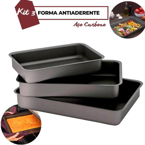 Imagem de Kit 3 Forma Assadeira Antiaderente Aço Carbono