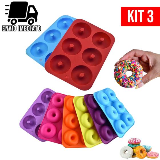 Imagem de Kit 3 Forma de Donuts e Rosquinhas Doces Silicone Antiaderente para Cozinha Multiuso Colorida