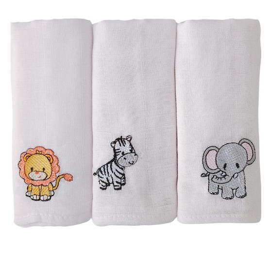 Imagem de Kit 3 Fralda de Pano Bebê Branca Bordada Bichinhos Algodão Menino Menina Neutro Macia Grande